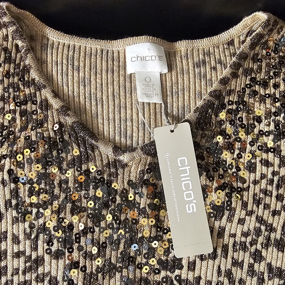 Chico's Size 0 (Size: XS) Leopard printed with Gold & Sequin Pullover Top NWT - Picture 2 of 16